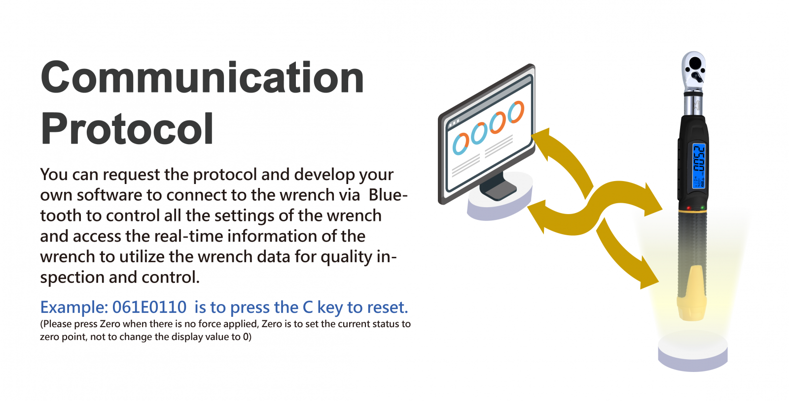 【Communication Protocol Commands】 You can request the communication protocol to develop your own software, which can connect to the wrench via Bluetooth. This allows you to control all settings of the wrench and access real-time information, making it easier to utilize wrench data for quality inspection and control.  For example: 061E0110 means pressing the C button to reset to zero.  (Please press reset without applying any force; resetting sets the current state to zero point, not changing the displayed value to 0.)