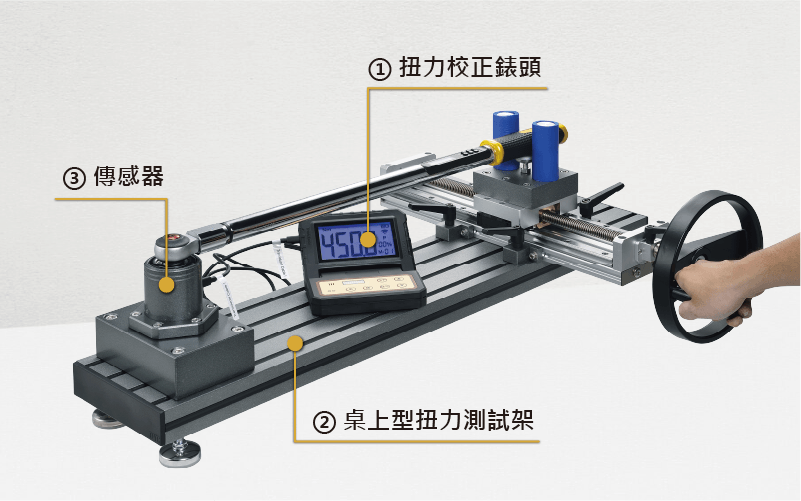 扭力校正設備包含：扭力校正錶頭、桌上型扭力測試架、傳感器